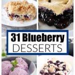 Slice of blueberry pie, blueberry ice cream, and piece of blueberry buckle.