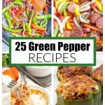 Onions and peppers in a skillet, sausage and pepper, cheesy bowl, and stuffed peppers.