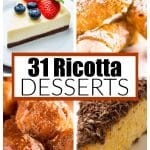 Slice of cheesecake, cannoli, zeppoli, and slice of cake.