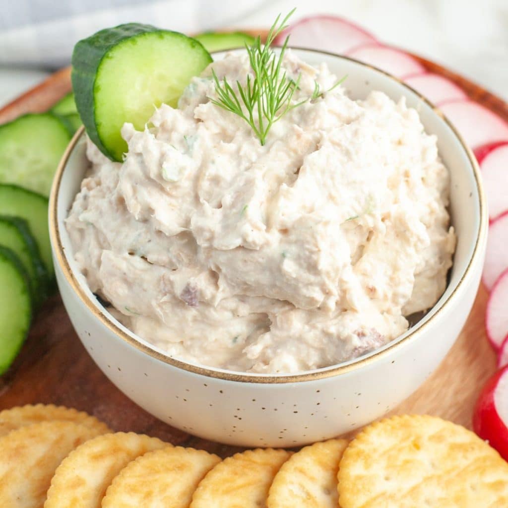 Bowl of salmon dip with sliced cucumbers, radish, and crackers. 