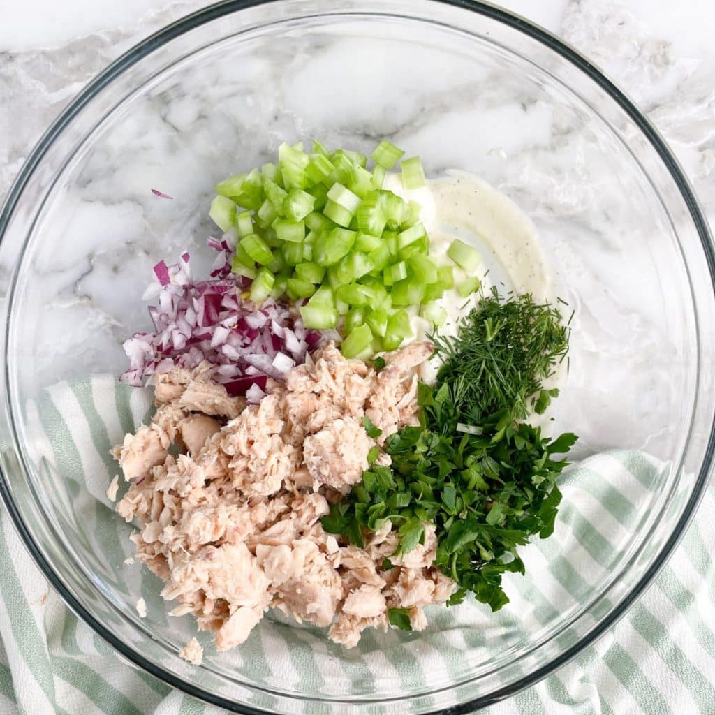 Bowl with salmon, red onion, celery, and fresh herbs. 