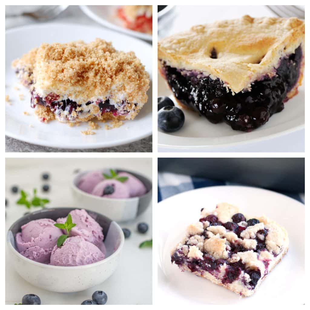 Slice of blueberry pie, blueberry ice cream, and piece of blueberry buckle. 