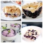 Slice of blueberry pie, blueberry ice cream, and piece of blueberry buckle.