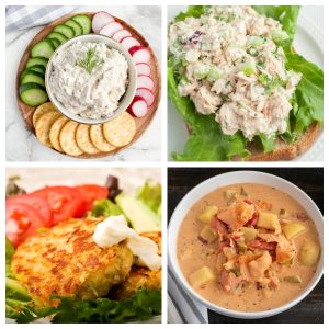 Salmon dip, salmon salad, salmon cake, salmon chowder.