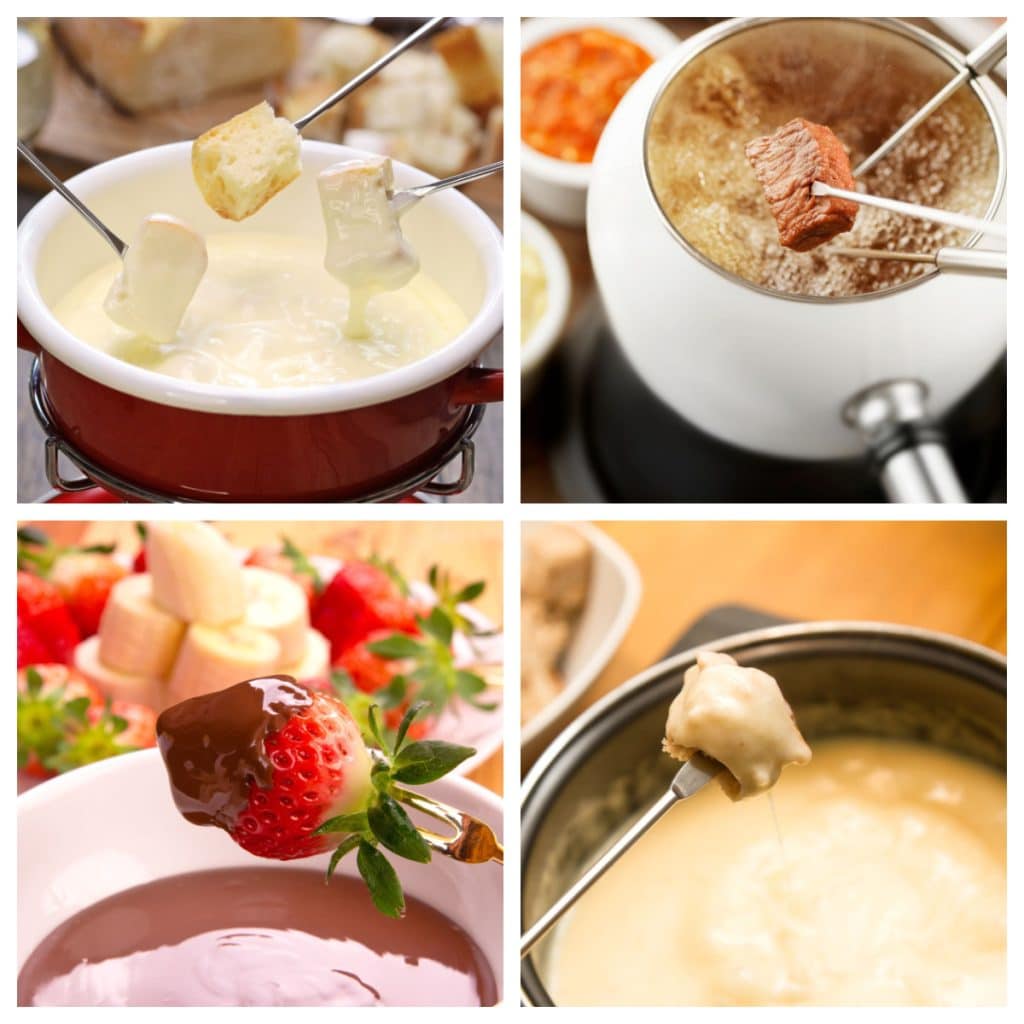 Cheese fondue with bread, chocolate strawberry fondue, steak fondue. 