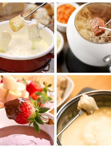 Cheese fondue with bread, chocolate strawberry fondue, steak fondue.