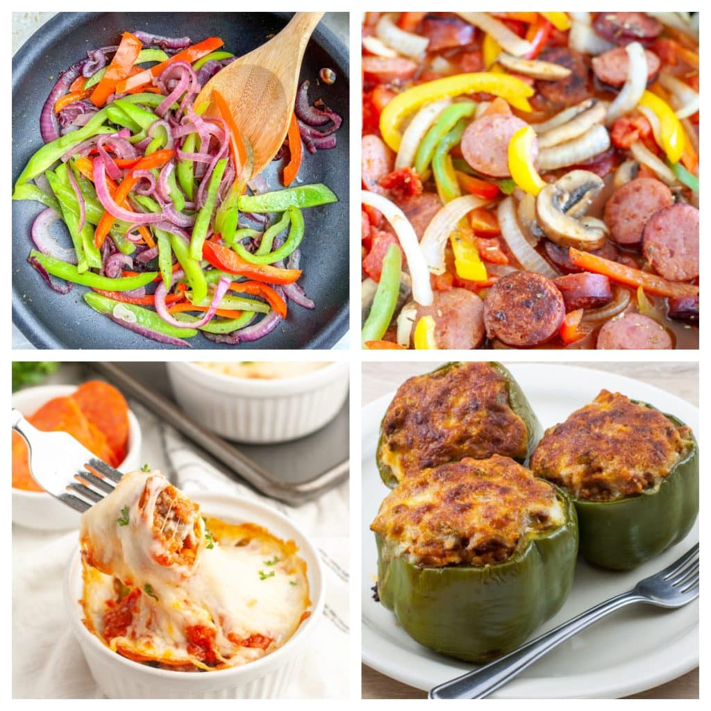 Onions and peppers in a skillet, sausage and pepper, cheesy bowl, and stuffed peppers. 