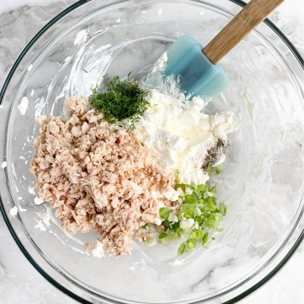 Bowl with flaked salmon, cream cheese, fresh dill, and green onions. 