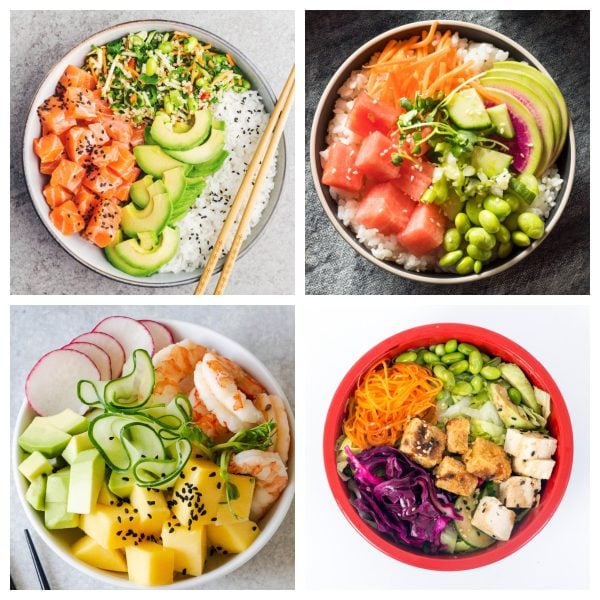 Tuna poke bowl, shrimp poke bowl, and tofu poke bowl.