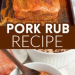 Bowl of seasoning mix. Pork with seasoning over it.