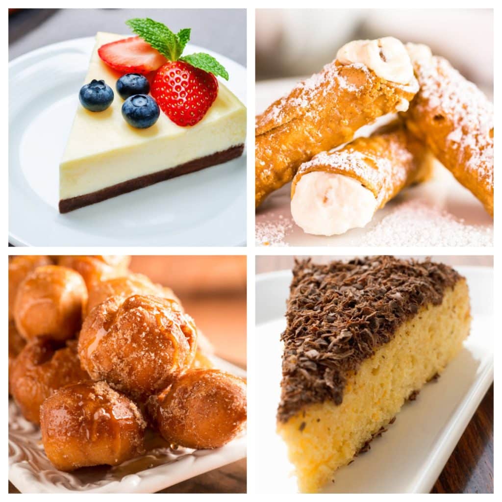 Slice of cheesecake, cannoli, zeppoli, and ricotta cake. 