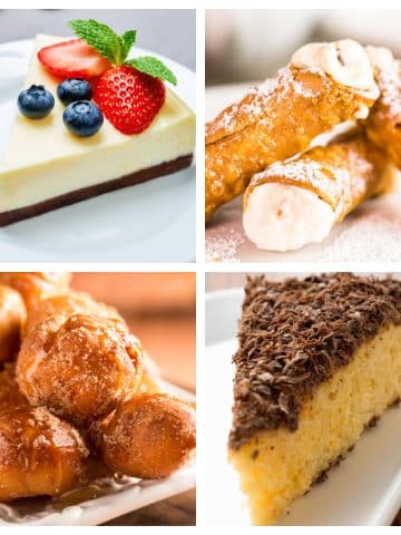 Slice of cheesecake, cannoli, zeppoli, and ricotta cake.