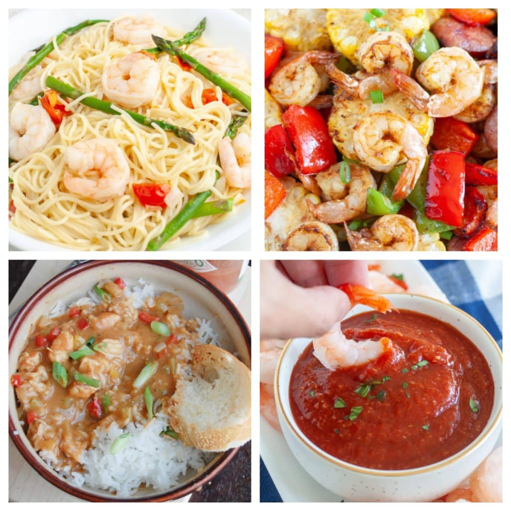 Shrimp scampi, shrimp etouffee, cocktail sauce, and shrimp and vegetables.