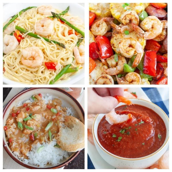 Shrimp scampi, shrimp etouffee, cocktail sauce, and shrimp and vegetables.