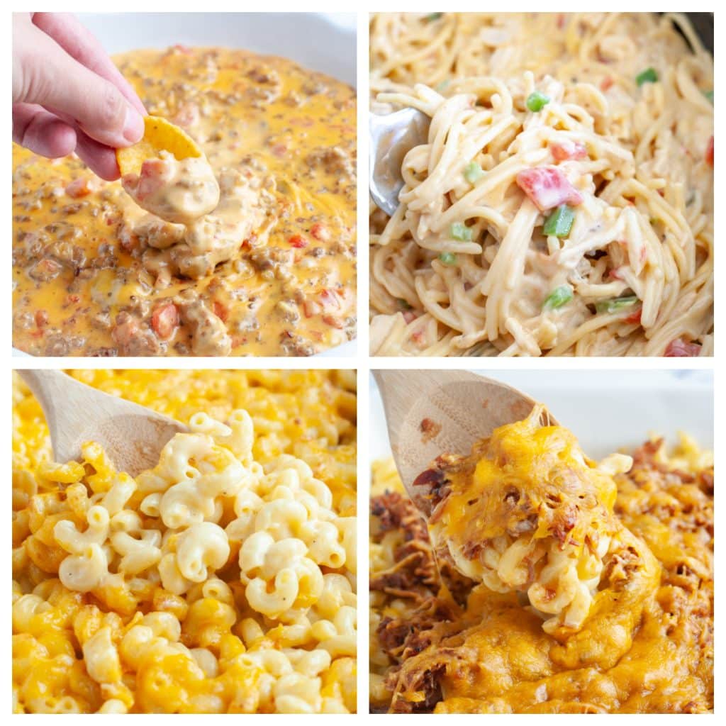 Cheese dip, cheesy spaghetti, and macaroni and cheese. 