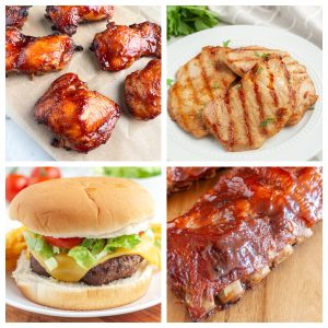 BBQ chicken thighs, grilled pork, hamburger, BBQ ribs.