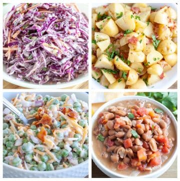 Purple slaw, potato salad, pea salad, and beans.