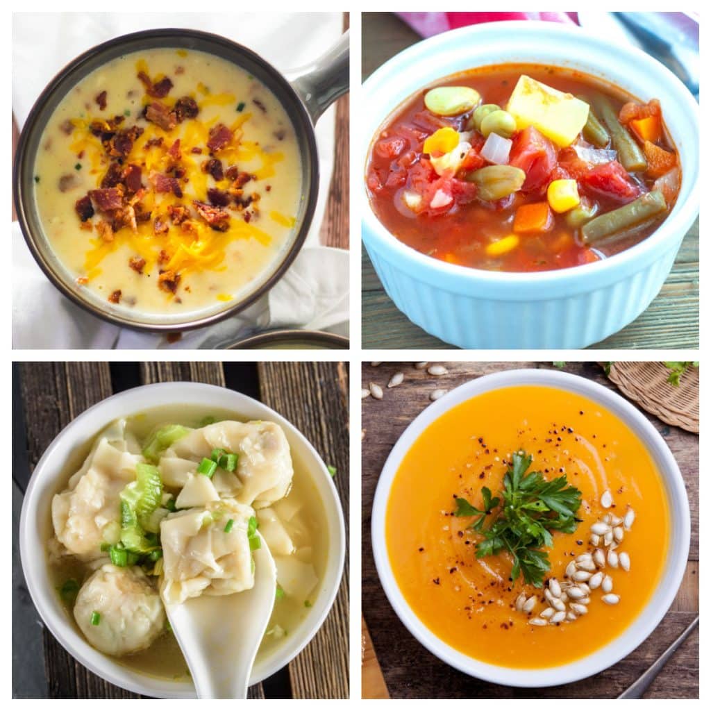 Potato soup, vegetable soup, wonton soup, and pumpkin soup. 