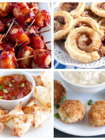 Bacon wrapped water chestnuts, pinwheel, wontons, crab cakes.
