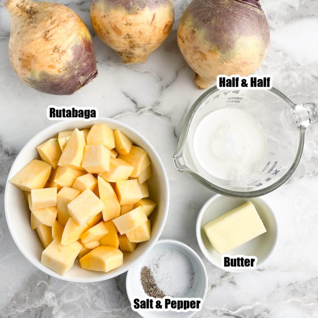 Bowl of diced rutabaga, half and half, bowl of butter, salt and pepper. 
