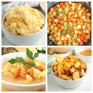 Bowl of mashed rutabaga, diced rutabaga, and rutabaga soup.