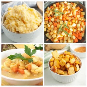 Bowl of mashed rutabaga, diced rutabaga, and rutabaga soup.