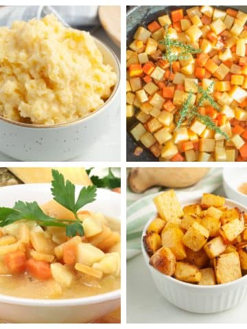 Bowl of mashed rutabaga, diced rutabaga, and rutabaga soup.