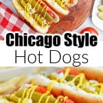Chicago style hot dogs on wooden plate.
