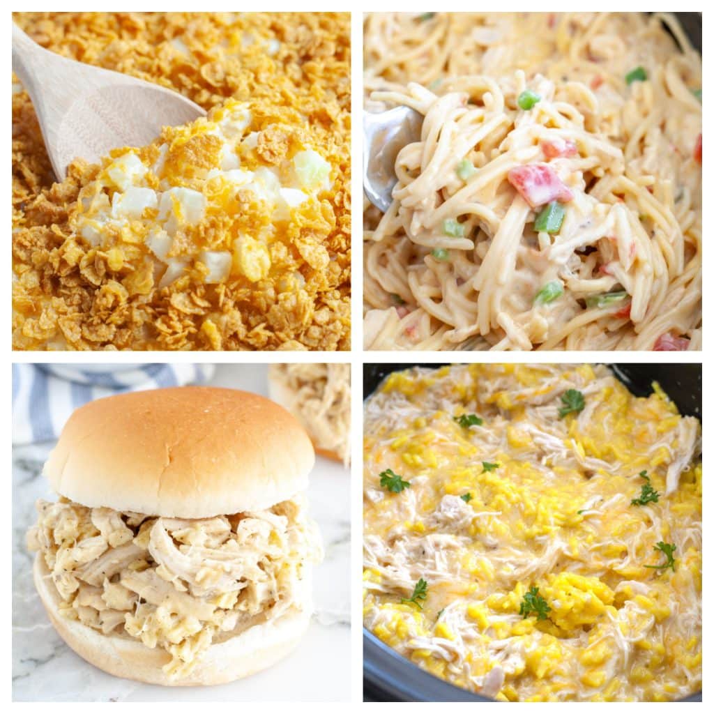 Creamy potatoes, creamy spaghetti, and chicken sandwich. 