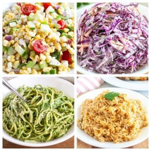 Corn salad, purple slaw, green pasta, and rice.