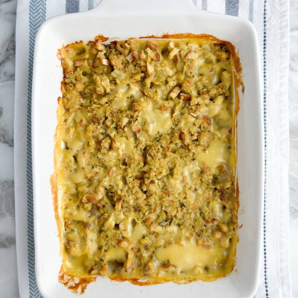 Casserole dish with chicken and stuffing. 