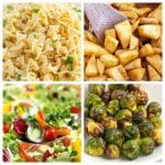 Egg noodles, fried apples, salad, and brussels sprouts.