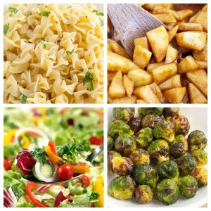 Egg noodles, fried apples, salad, and brussels sprouts.