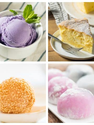 Purple ice cream, slice of cheesecake, sesame ball, and mochi.