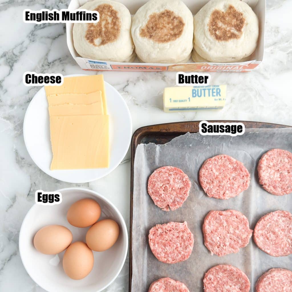 Sausage patties, english muffins, eggs, cheese.