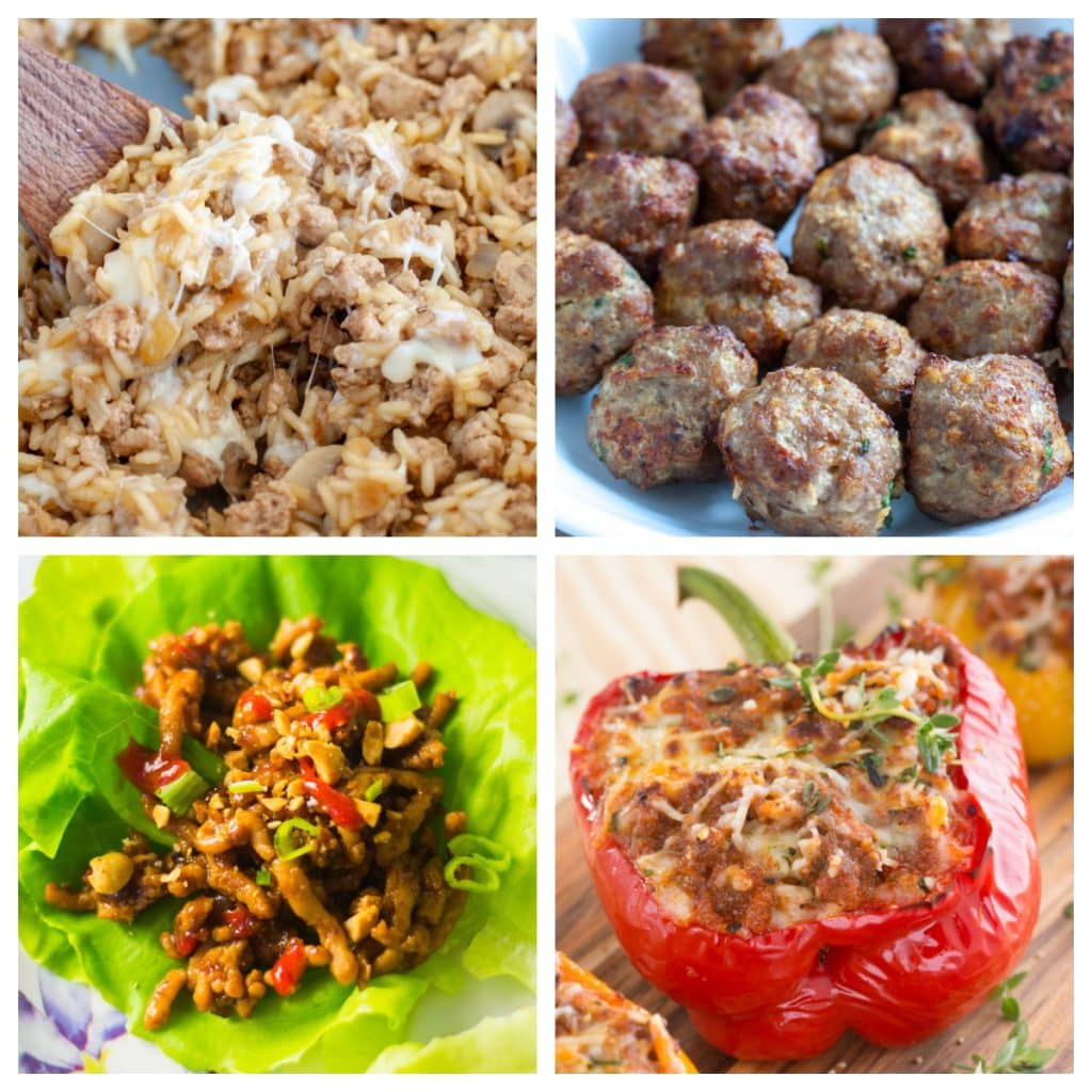 Rice casserole, meatballs, lettuce wraps, and stuffed pepper. 