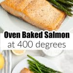 Cooked salmon and asparagus on a plate.