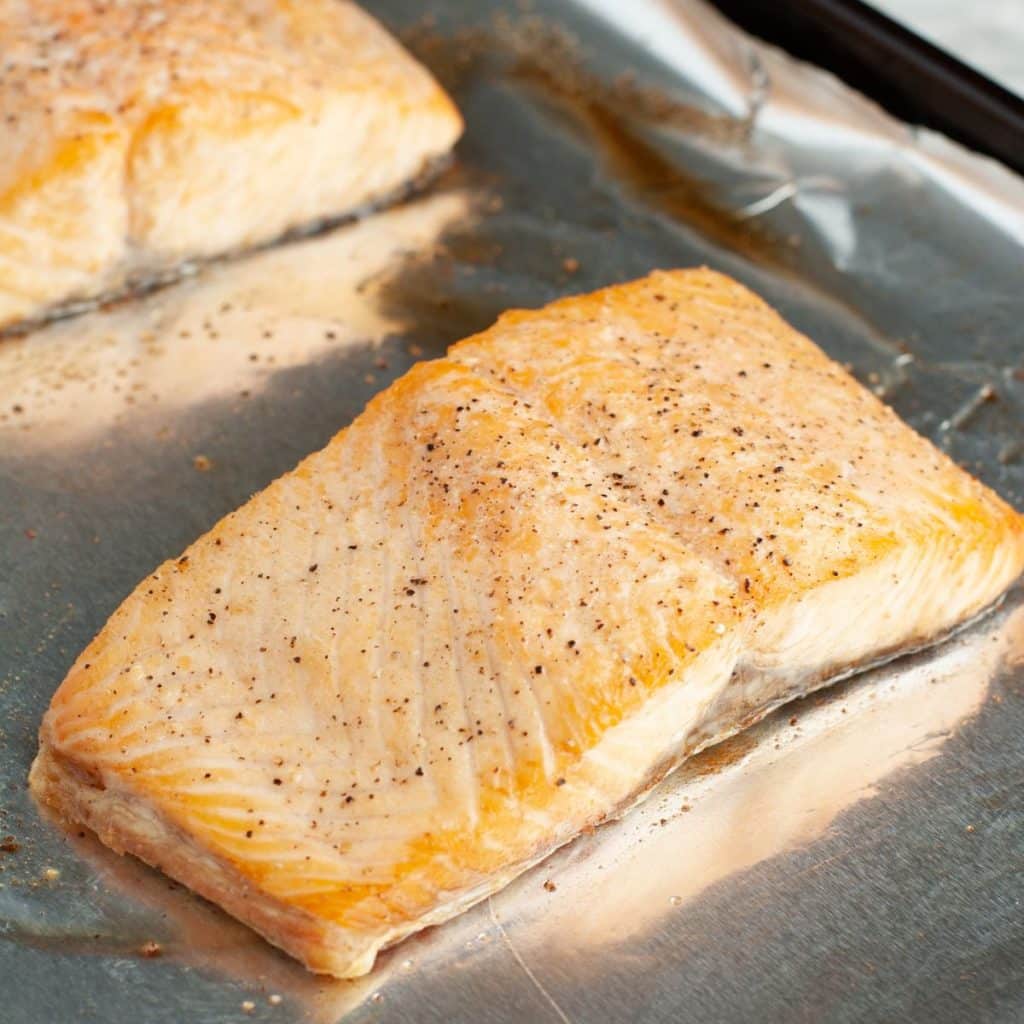 Cooked salmon fillet on foil. 