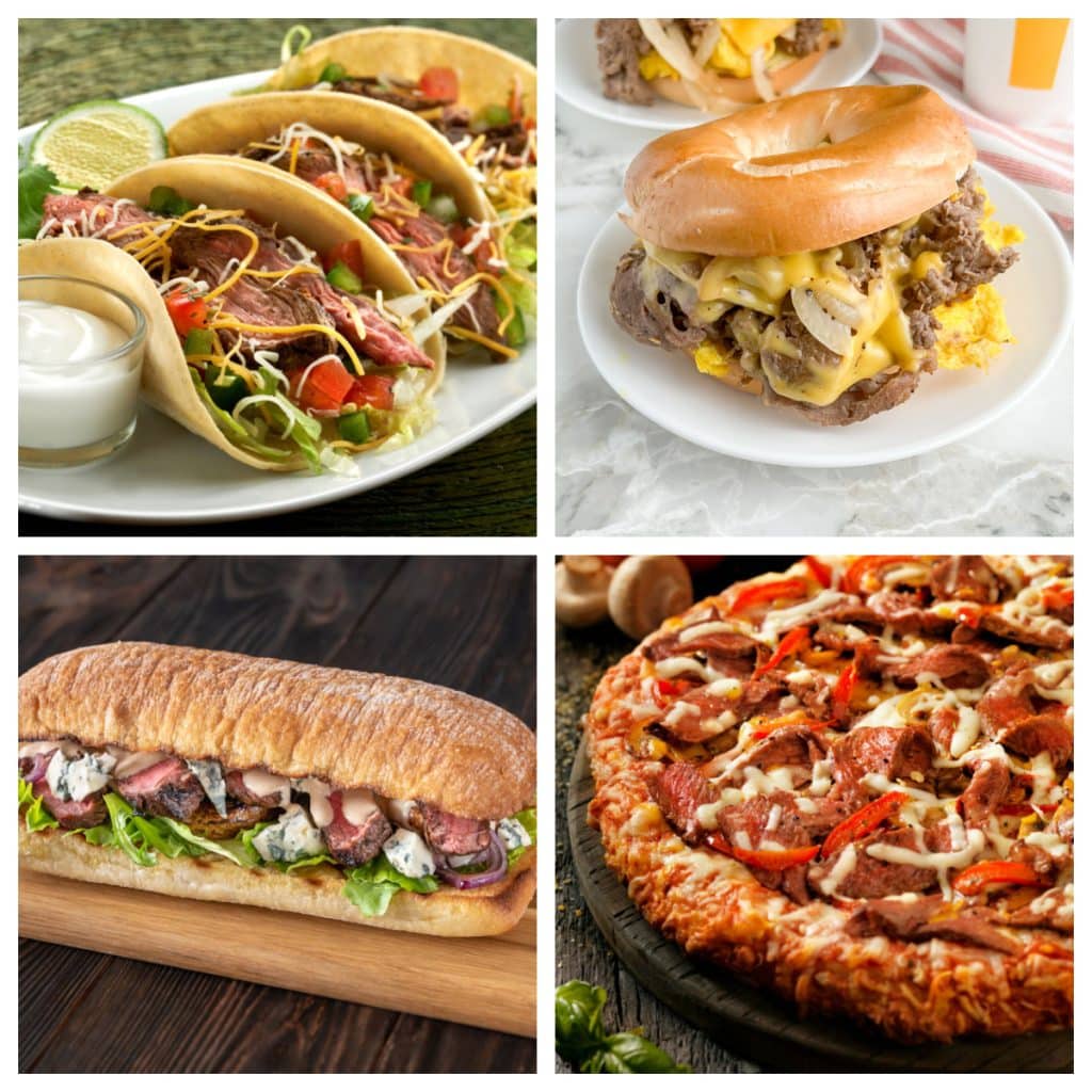 Steak tacos, steak bagel sandwich, steak sandwich, and steak pizza.