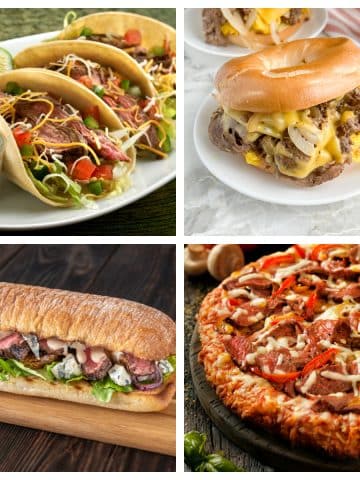 Steak tacos, steak bagel sandwich, steak sandwich, and steak pizza.