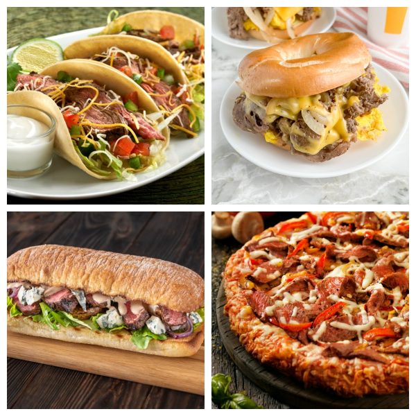 Steak tacos, steak bagel sandwich, steak sandwich, and steak pizza.