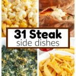 Macaroni and cheese, sweet potatoes, spinach casserole, steak fries.