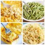 Macaroni and cheese, green pasta, spaghetti squash, and egg noodles.