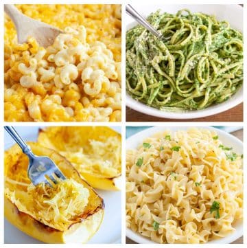 Macaroni and cheese, green pasta, spaghetti squash, and egg noodles.