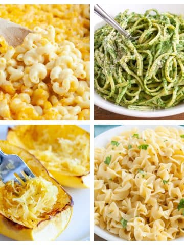 Macaroni and cheese, green pasta, spaghetti squash, and egg noodles.