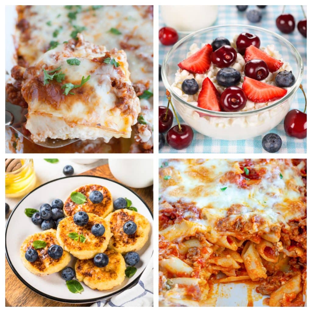 Ravioli, bowl of cottage cheese and fruit, pancakes, and penne casserole. 