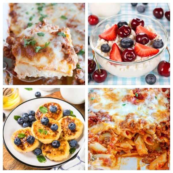 Ravioli, bowl of cottage cheese and fruit, pancakes, and penne casserole.
