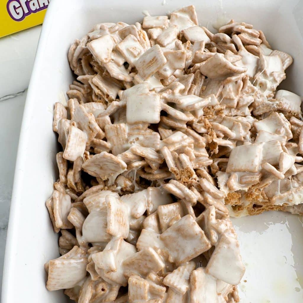 Cereal treats in a baking dish. 