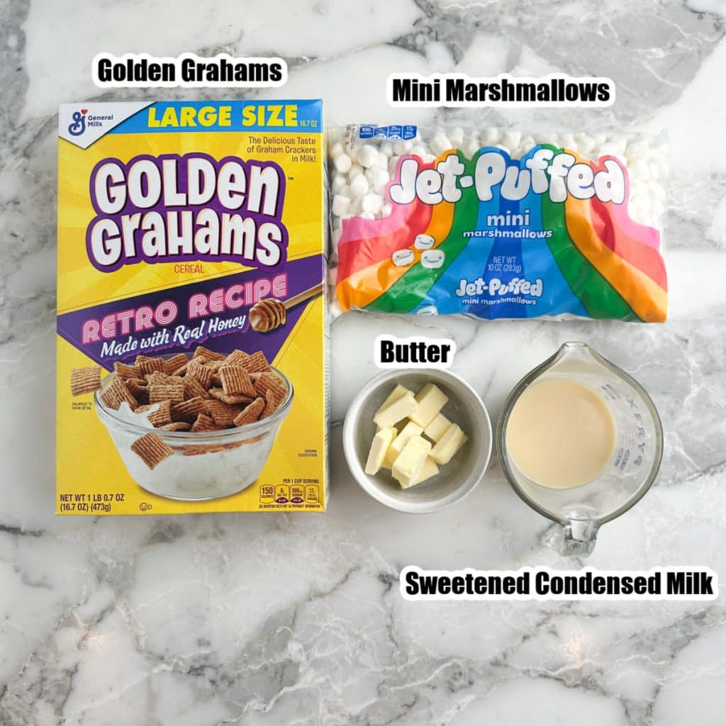Box of Golden Grahams Cereal, mini marshmallows, cubed butter, and sweetened condensed milk. 
