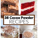 Brownies, red velvet cake, tiramisu, and cocoa powder.